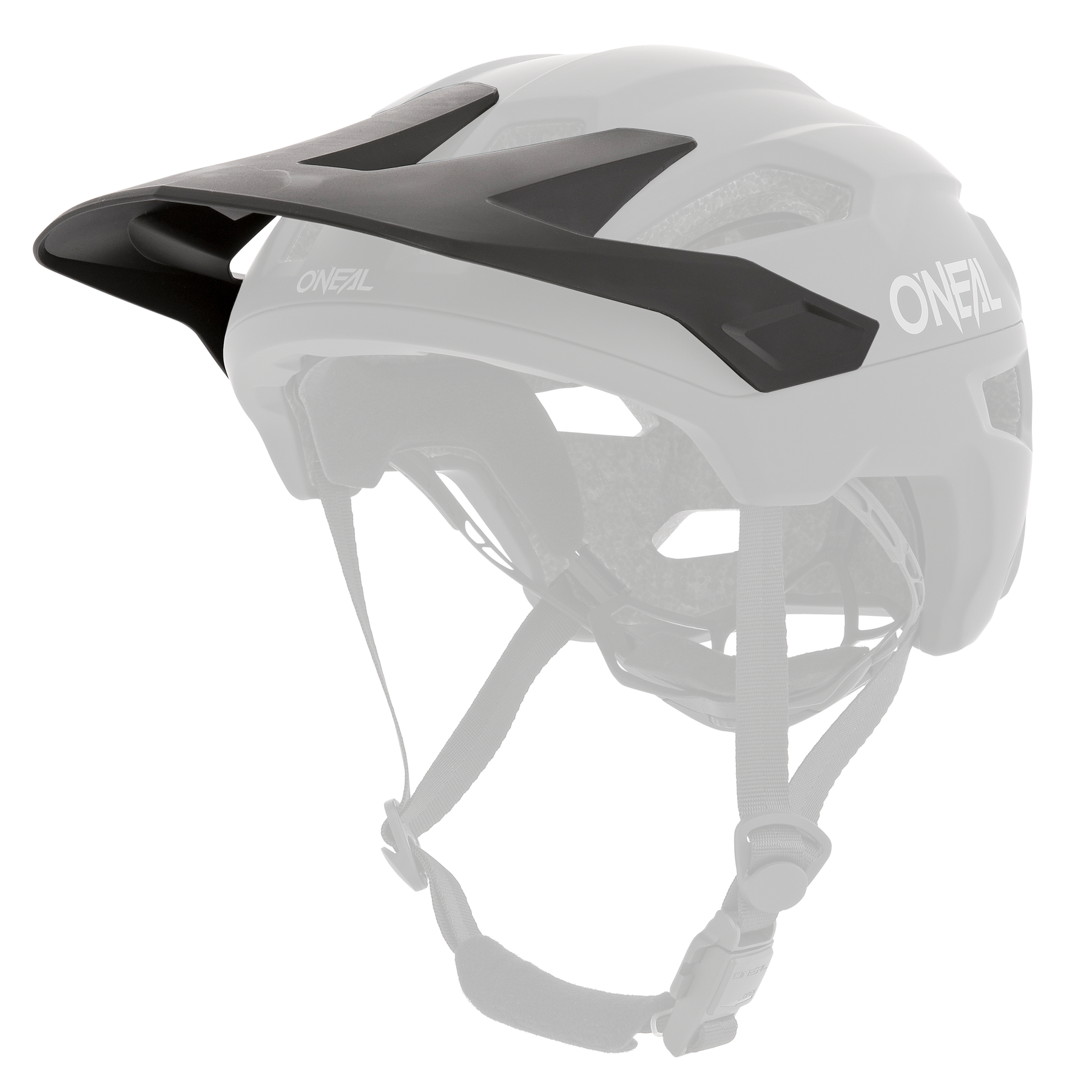 Der O'NEAL Visor TRAILFINDER Helmet SOLID ist ein schwarzer Mountainbike-Helm mit verstellbaren Kinnriemen, mehreren Belüftungsöffnungen und einem Visier. Der Helm zeichnet sich durch ein schlankes, aerodynamisches Design mit dem seitlich sichtbaren O'NEAL-Logo aus.