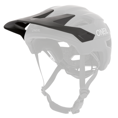 Der O'NEAL Visor TRAILFINDER Helmet SOLID ist ein schwarzer Mountainbike-Helm mit verstellbaren Kinnriemen, mehreren Belüftungsöffnungen und einem Visier. Der Helm zeichnet sich durch ein schlankes, aerodynamisches Design mit dem seitlich sichtbaren O'NEAL-Logo aus.