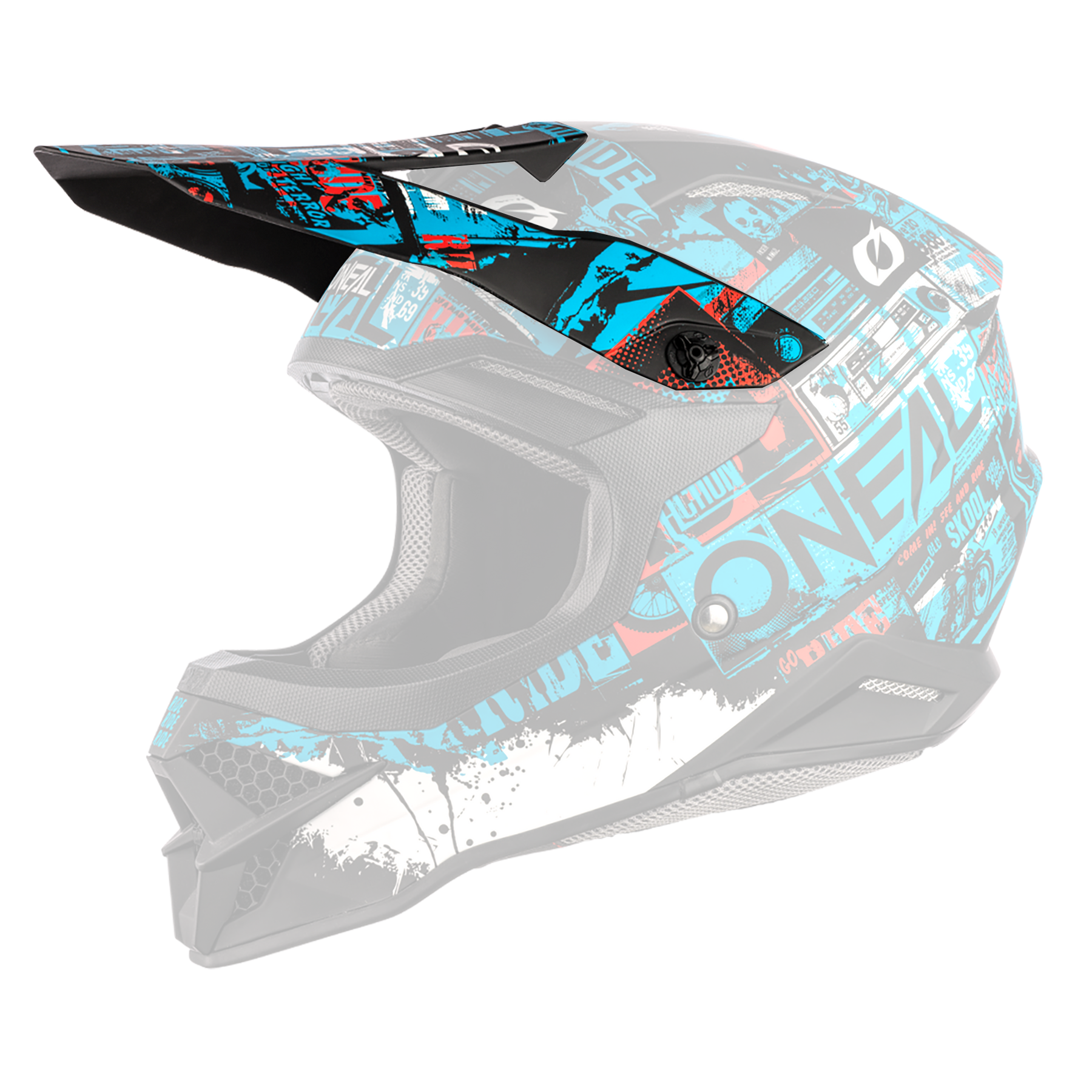 Der O'NEAL Visor 3SRS Helmet RIDE ist ein schwarz-blauer Integralhelm für Motocross mit dynamischem Grafikdesign, das Text und abstrakte Muster in Rot, Weiß und Blau vereint. Er verfügt über ein großes Visier und Belüftungsschlitze, wobei das „O'Neal“-Branding prominent an der Seite angebracht ist.