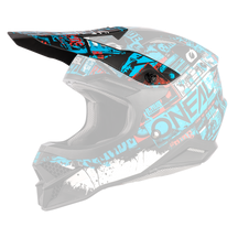 Der O'NEAL Visor 3SRS Helmet RIDE ist ein schwarz-blauer Integralhelm für Motocross mit dynamischem Grafikdesign, das Text und abstrakte Muster in Rot, Weiß und Blau vereint. Er verfügt über ein großes Visier und Belüftungsschlitze, wobei das „O'Neal“-Branding prominent an der Seite angebracht ist.