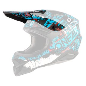 Der O'NEAL Visor 3SRS Helmet RIDE ist ein schwarz-blauer Integralhelm für Motocross mit dynamischem Grafikdesign, das Text und abstrakte Muster in Rot, Weiß und Blau vereint. Er verfügt über ein großes Visier und Belüftungsschlitze, wobei das „O'Neal“-Branding prominent an der Seite angebracht ist.