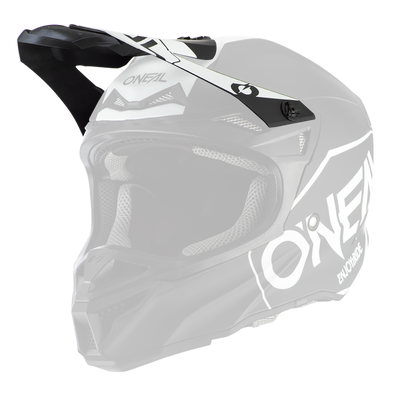 Der O'NEAL Visor 5SRS Helm HEXX in Schwarz und Weiß verfügt über ein aerodynamisches Design mit reichlich Belüftung, perfekt für den Offroad- und Motocross-Einsatz. Er trägt das O'Neal-Logo auf der Seite und der Vorderseite.