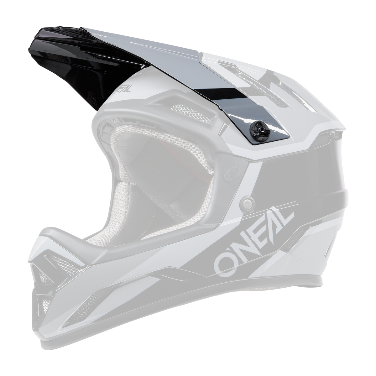 Der O'NEAL Visor BACKFLIP Helmet STRIKE ist ein Integralhelm für Motocross, der in den Farben Schwarz, Weiß und Grau erhältlich ist. Er verfügt über ein großes Visier, Belüftungsschlitze und ein gepolstertes Innenfutter. Die Marke „O'Neal“ ist prominent auf der Seite angebracht.