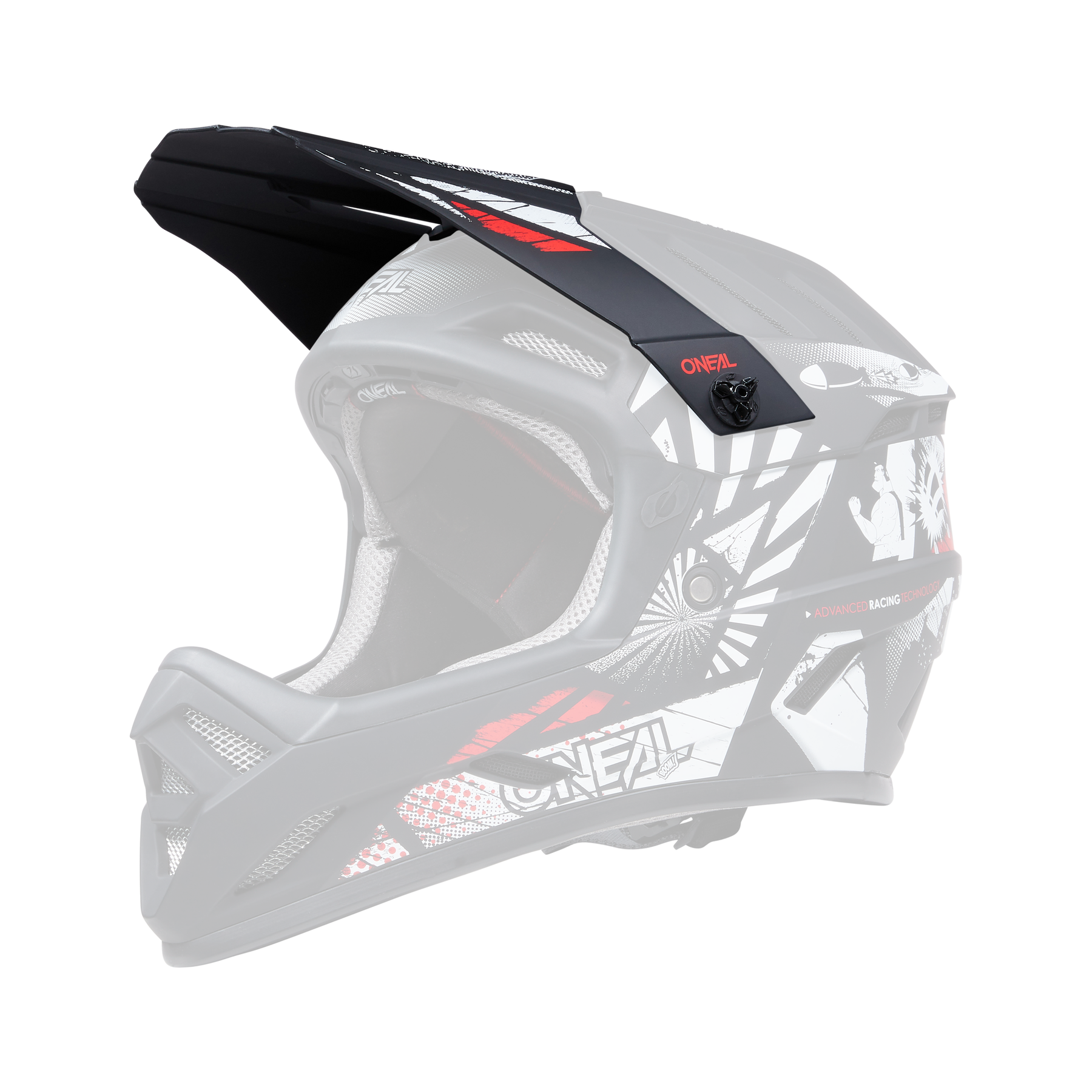 Ein O'NEAL Visor BACKFLIP Helm BOOM in Schwarz und Weiß mit roten Akzenten, mit einem grafischen Design aus geometrischen Mustern und einer abstrakten Figur. Der Helm verfügt über ein Visier und umfangreiche Belüftungsbereiche, wobei an mehreren Stellen auf dem Helm „O'Neal“ geschrieben steht.