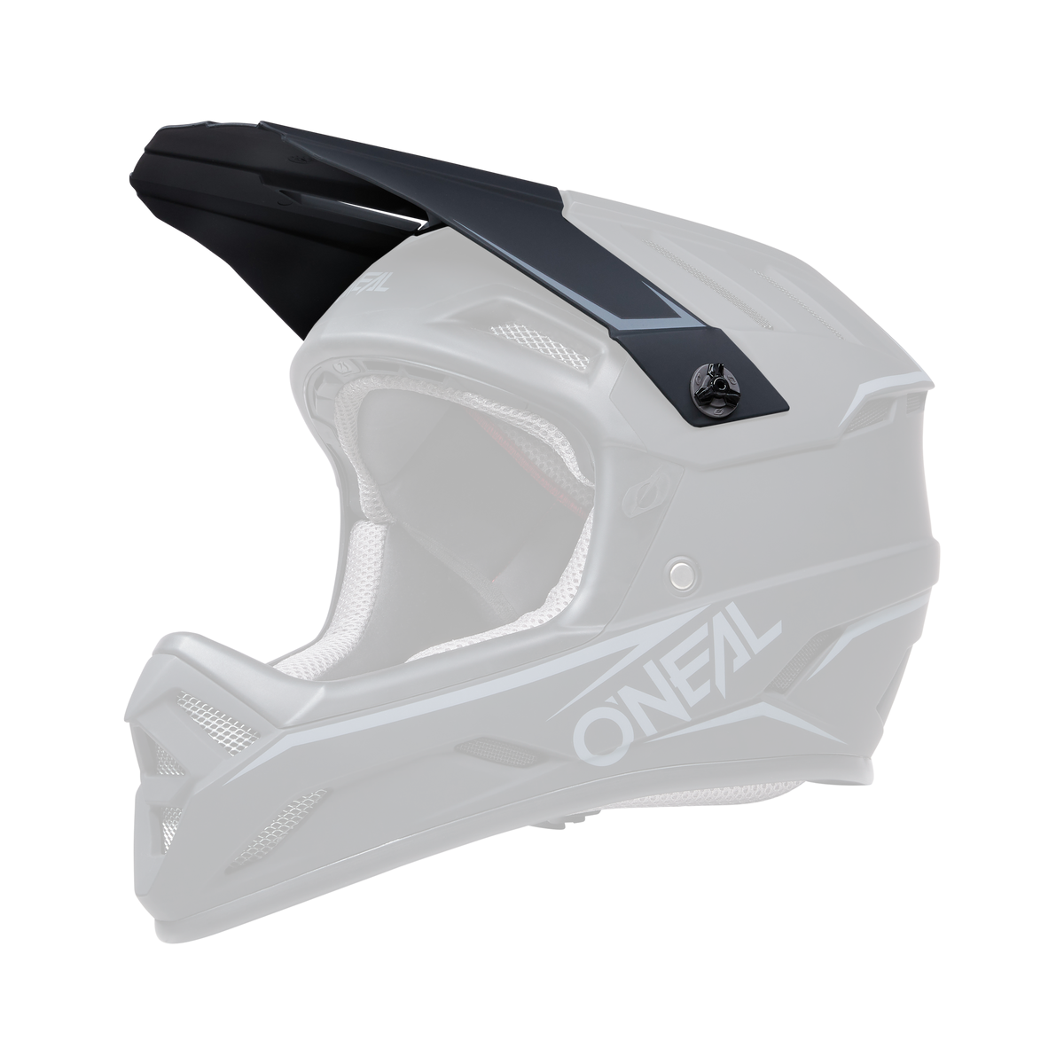 Ein O'NEAL Visor BACKFLIP Helm SOLID in Schwarz und Dunkelgrau ist im Seitenprofil abgebildet. Der Helm verfügt über eckige Designs, Belüftungsöffnungen für die Luftzirkulation und ein gepolstertes Innenfutter für mehr Komfort. Der Markenname „O'Neal“ ist deutlich auf der Unterseite zu sehen.
