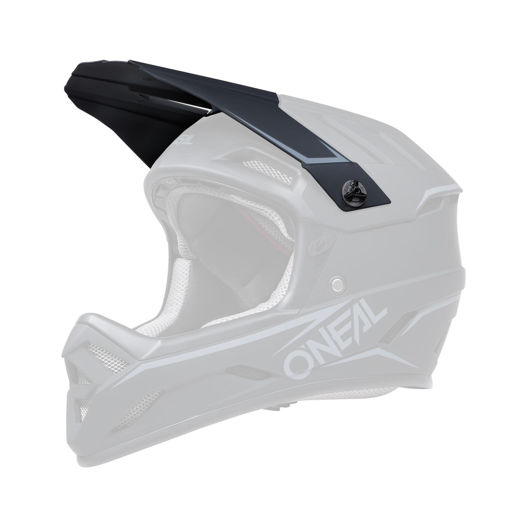 Ein O'NEAL Visor BACKFLIP Helm SOLID in Schwarz und Dunkelgrau ist im Seitenprofil abgebildet. Der Helm verfügt über eckige Designs, Belüftungsöffnungen für die Luftzirkulation und ein gepolstertes Innenfutter für mehr Komfort. Der Markenname „O'Neal“ ist deutlich auf der Unterseite zu sehen.
