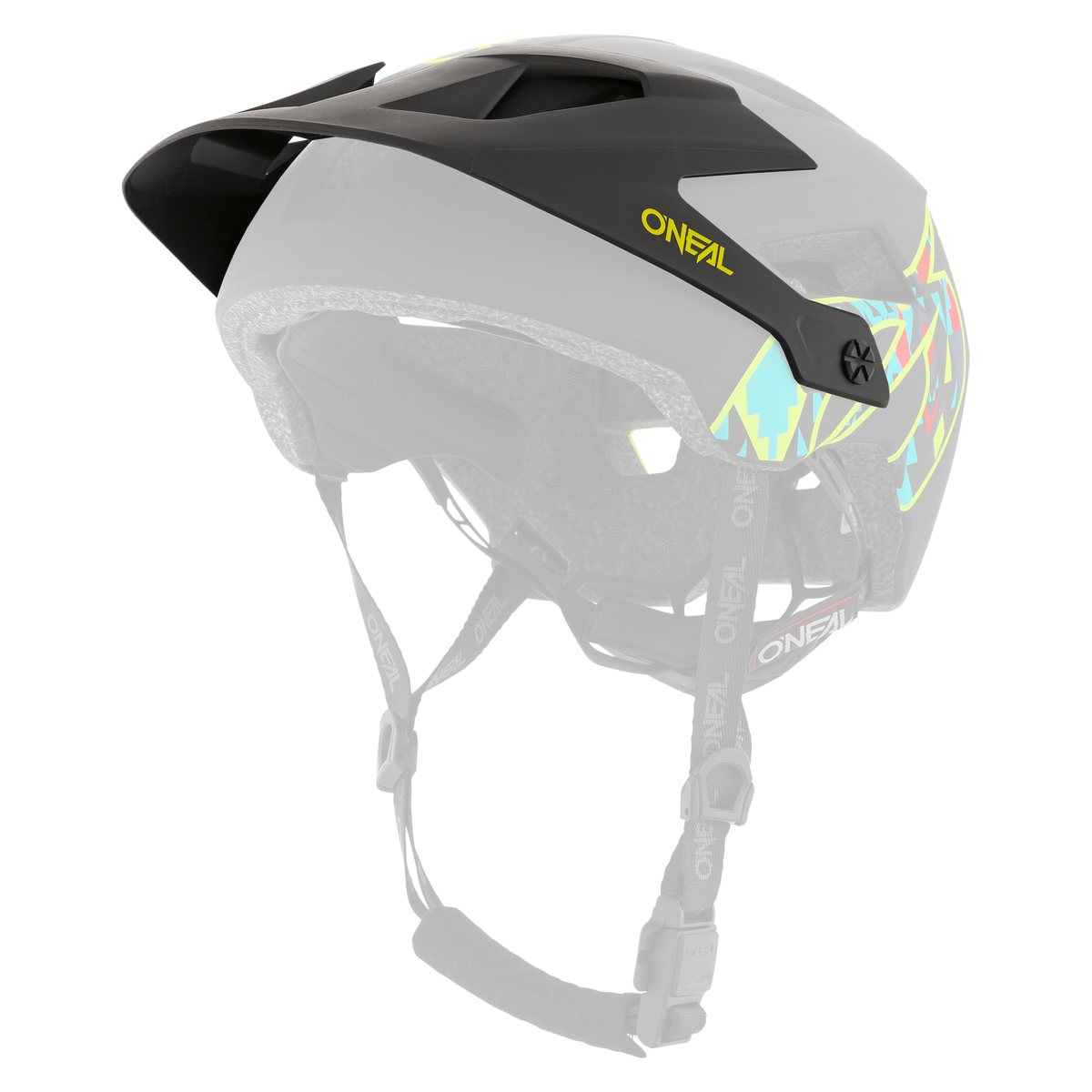 Der O'NEAL Visor DEFENDER Helmet MUERTA von O'NEAL ist ein schwarzer Mountainbike-Helm mit farbenfrohen abstrakten Mustern an den Seiten. Er verfügt über ein Visier, verstellbare Riemen mit Schnallen und eine strukturierte Innenpolsterung zum Aufprallschutz.