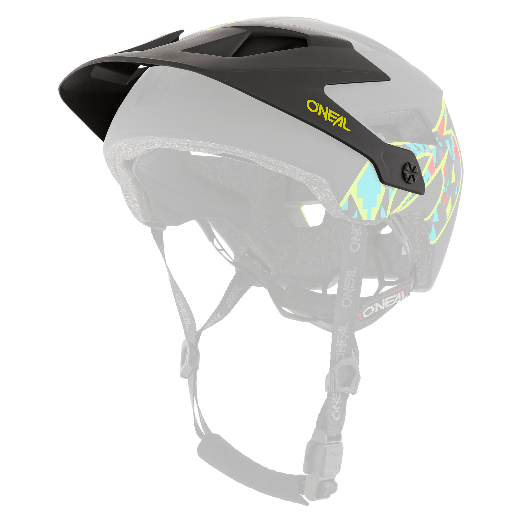 Der O'NEAL Visor DEFENDER Helmet MUERTA von O'NEAL ist ein schwarzer Mountainbike-Helm mit farbenfrohen abstrakten Mustern an den Seiten. Er verfügt über ein Visier, verstellbare Riemen mit Schnallen und eine strukturierte Innenpolsterung zum Aufprallschutz.