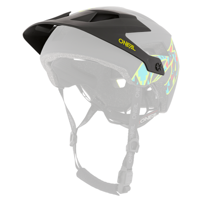 Der O'NEAL Visor DEFENDER Helmet MUERTA von O'NEAL ist ein schwarzer Mountainbike-Helm mit farbenfrohen abstrakten Mustern an den Seiten. Er verfügt über ein Visier, verstellbare Riemen mit Schnallen und eine strukturierte Innenpolsterung zum Aufprallschutz.