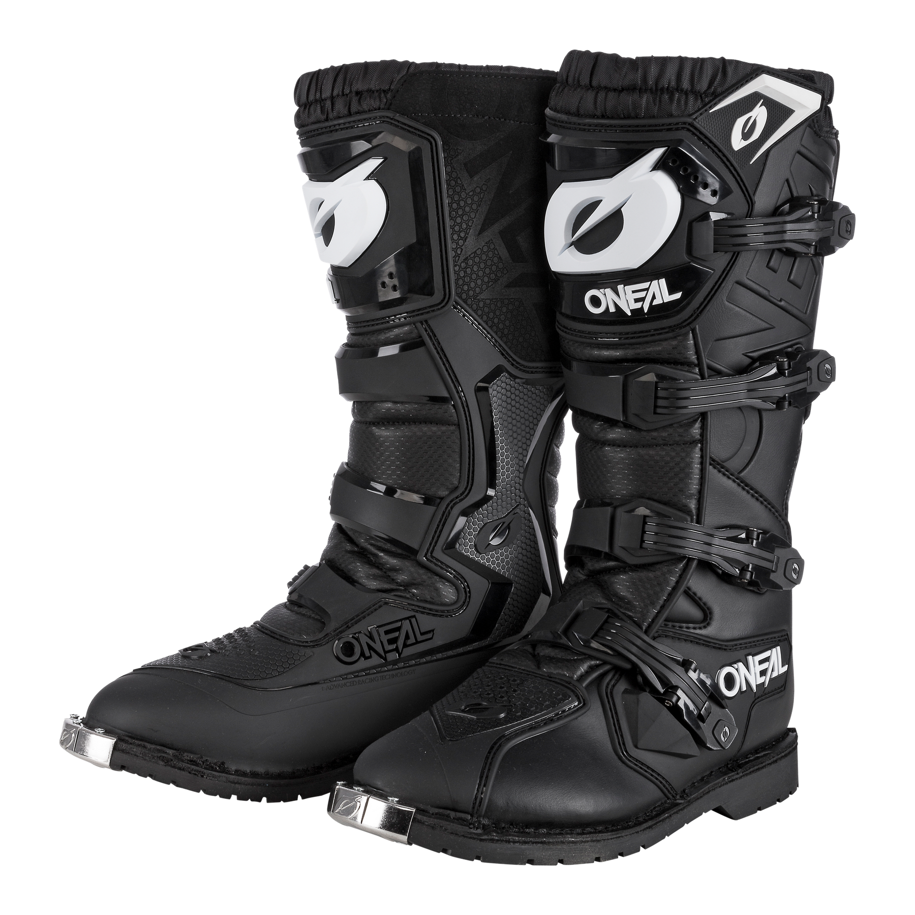 Ein Paar schwarze O'NEAL RIDER PRO Stiefel Motocross-Stiefel mit mehreren Schnallen und weißen Akzenten. Diese robusten Stiefel von O'NEAL verfügen über verstärkten Schienbein- und Knöchelschutz, strukturierte Sohlen und eine langlebige Konstruktion, die auf das Fahren im Gelände zugeschnitten ist.