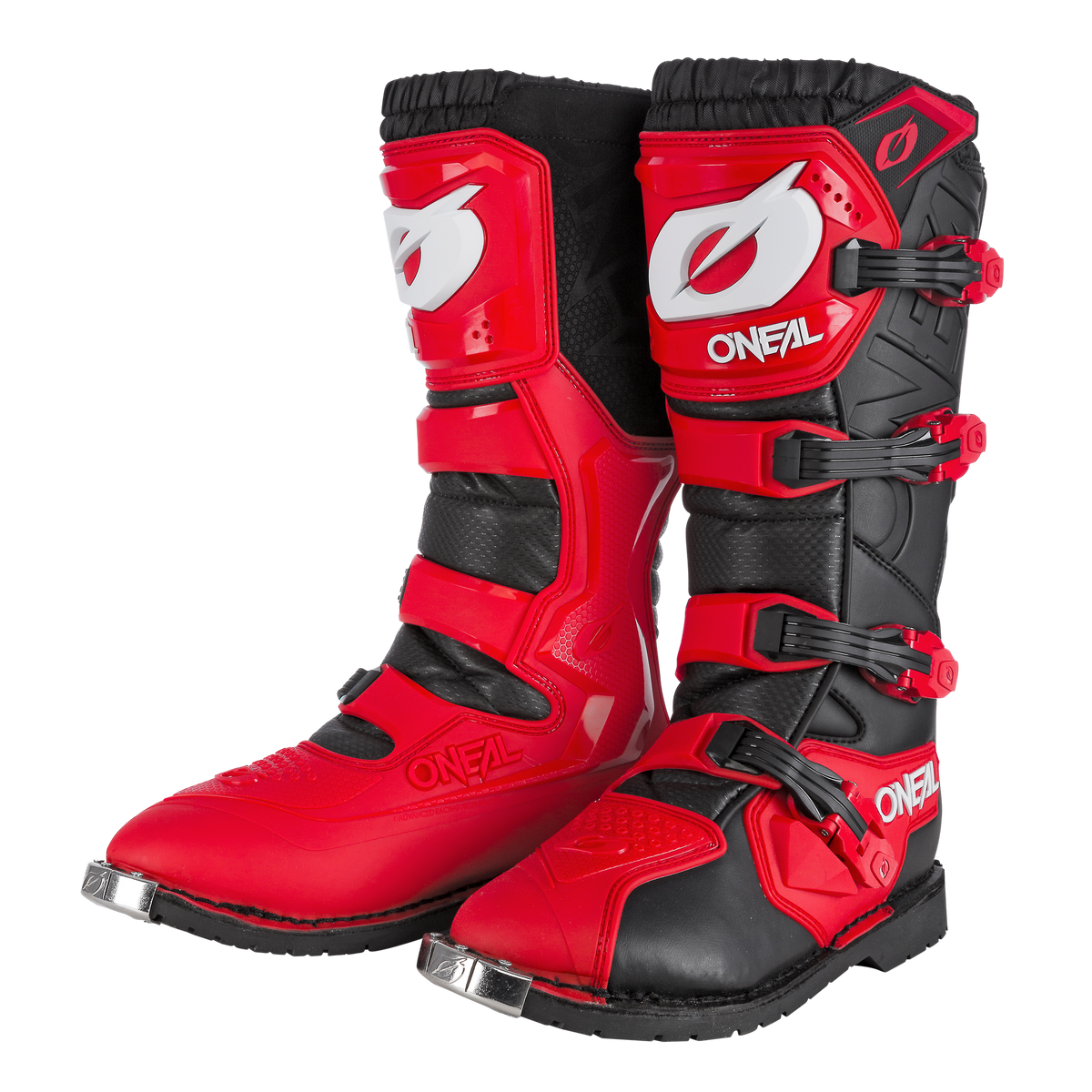 Der O'NEAL RIDER PRO Stiefel ist ein Paar rot-schwarze Motocross-Stiefel mit mehreren Schnallen, Zehenkappen aus Metall und gepolsterten Schienbeinschonern. Mit auffälligem weißen Branding an Ober- und Unterseite bieten diese robusten Stiefel maximalen Schutz beim Fahren im Gelände.