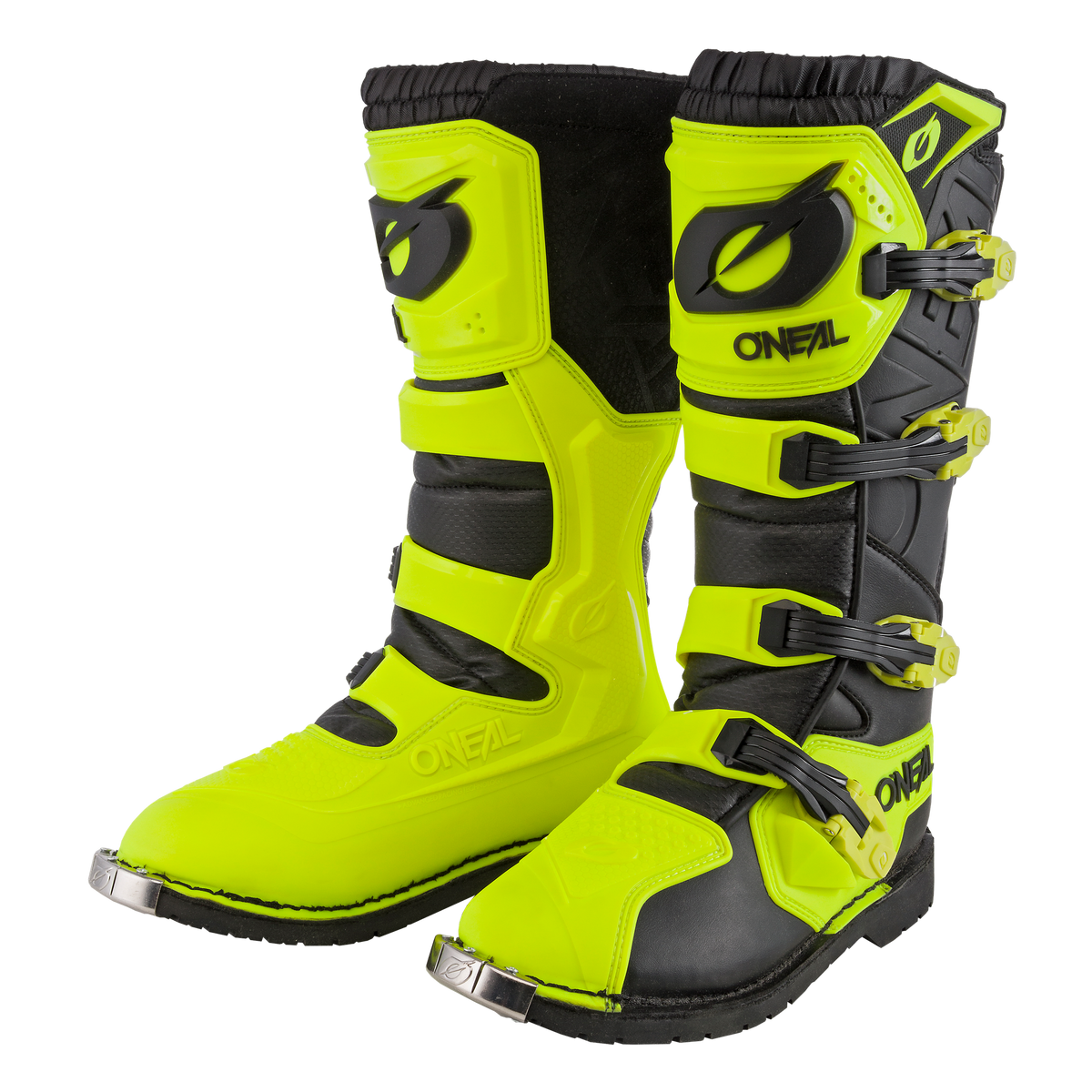 Ein Paar leuchtend gelb-schwarze Motocross-Stiefel, bekannt als O'NEAL RIDER PRO Stiefel, mit verstärktem Schienbeinschutz, mehreren verstellbaren Schnallen und dem deutlich sichtbaren Markennamen „O'NEAL“. Diese Stiefel verfügen über ein aggressives Profilmuster, das für das Fahren im Gelände geeignet ist.