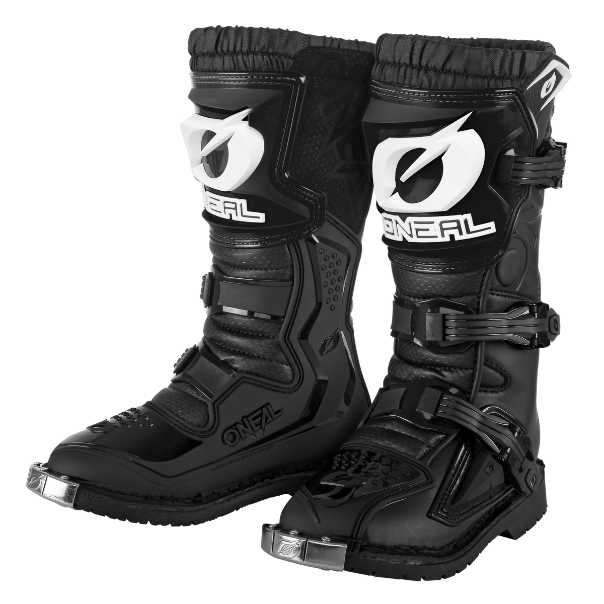 Die O'NEAL RIDER PRO Stiefel Kinder sind schwarz-weiße Motocross-Stiefel mit verstärkten Zehenkappen, verstellbaren Schnallen und Schutzpolstern. Diese Stiefel tragen das auffällige O'NEAL-Logo auf der Vorderseite und verfügen über robuste Sohlen für verbesserten Halt und Haltbarkeit.