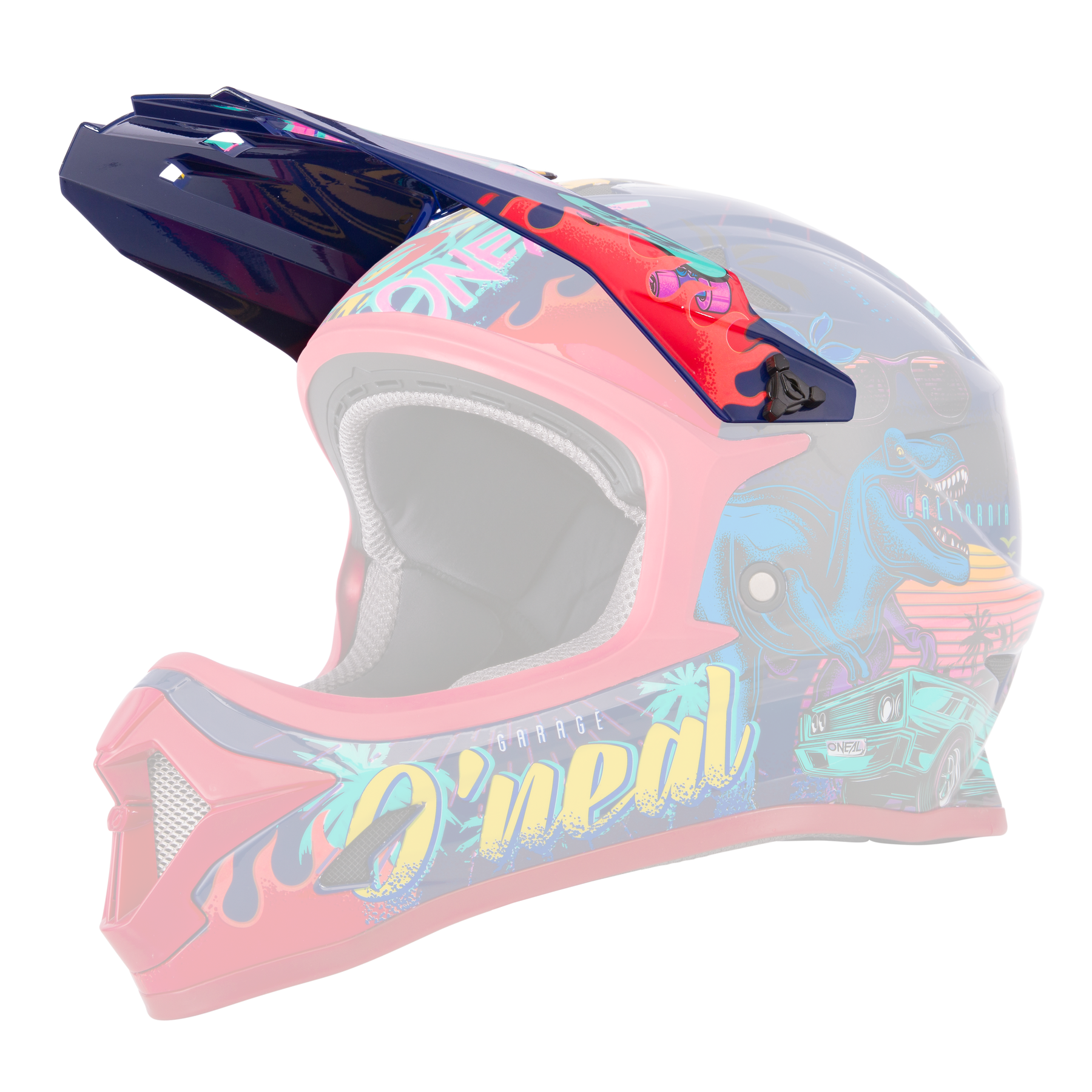 Der O'NEAL Visor SONUS Youth Helmet REX ist ein farbenfroher Motocross-Helm mit farbenfrohen Grafiken mit einem T-Rex, Palmen und einem grünen Van. Die vorherrschenden Farben sind Rot, Blau und Neontöne, wobei das Design seitlich den Markennamen „O'NEAL“ zeigt.