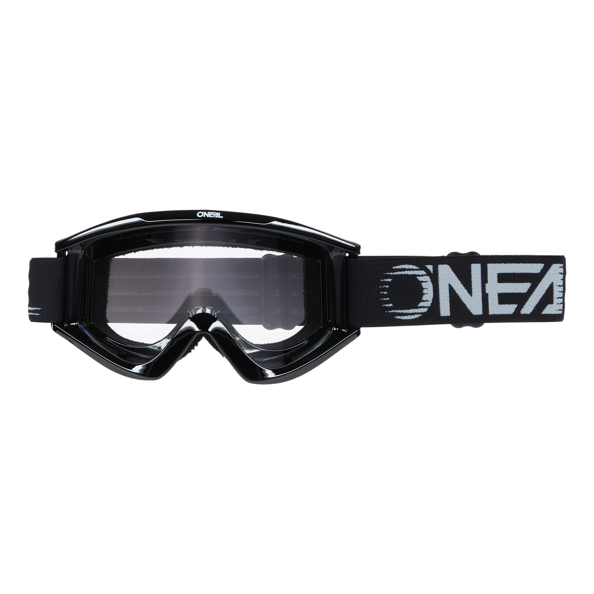 Eine O'NEAL B-ZERO Brille mit klarer Linse, einem verstellbaren Riemen mit dem in Weiß aufgedruckten Markennamen „O'NEAL“ und gestreiften weißen Akzenten auf schwarzem Hintergrund. Das schlanke, eckige Rahmendesign vervollständigt die Motocross-Brille.