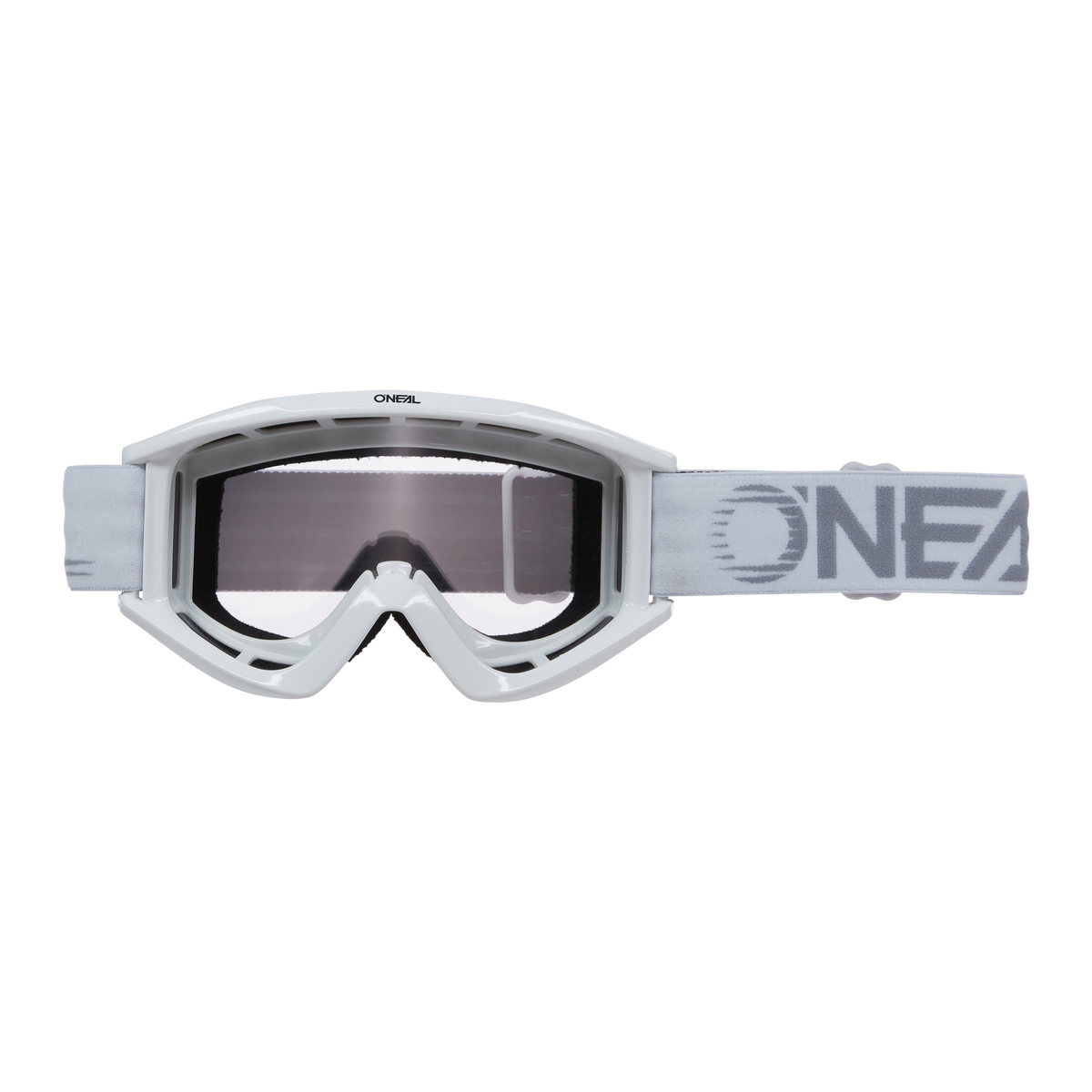 Die O'NEAL B-ZERO Brille, eine weiße Motocross-Brille, verfügt über eine transparente Linse und einen verstellbaren Riemen mit dem Markennamen „O'NEAL“ in fetten Buchstaben. Der Rahmen verfügt über Belüftungsschlitze entlang der Oberkante und ist damit perfekt für Motocross-Brillen-Enthusiasten, die Wert auf Stil und Funktionalität legen.