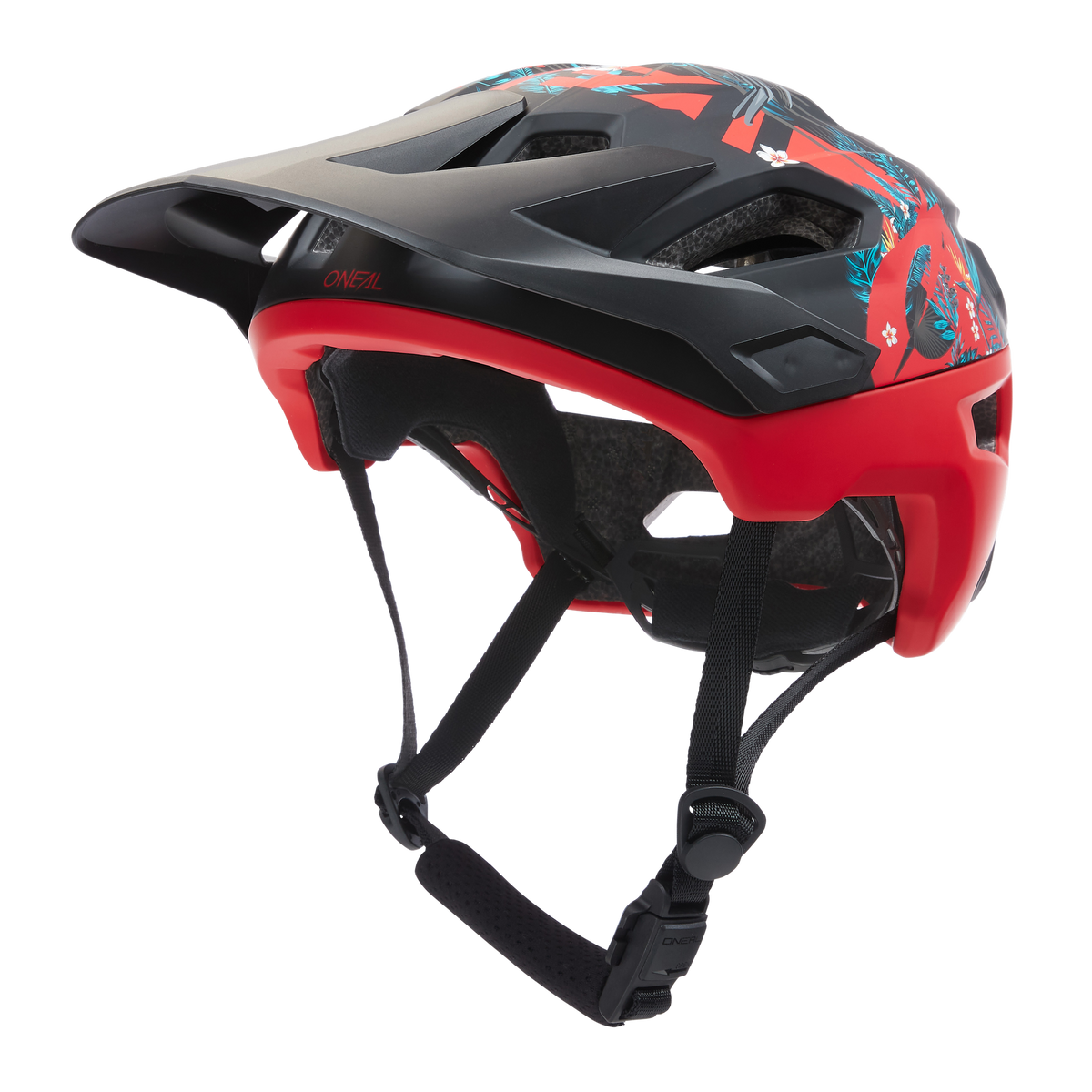 Der O'NEAL TRAILFINDER Helm RIO ist ein schwarz-roter Mountainbike-Helm mit Belüftungslöchern, einem Visier und verstellbaren Riemen, die sowohl Komfort als auch Sicherheit gewährleisten. Der Helm verfügt über blaue Grafikdesigns auf den roten Abschnitten und trägt auf der Seite deutlich den Markennamen „O'Neal“.