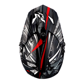 Der O'NEAL F-SRS Helm SYNTHY Quin ready ist ein stylischer Motocross-Helm mit abstrakten geometrischen Designs in Schwarz, Weiß und Rot. Der Kopfschutz zeichnet sich durch kräftige Muster und scharfe Linien für einen dynamischen, modernen Look aus, der aus der Draufsicht wunderschön eingefangen wird.