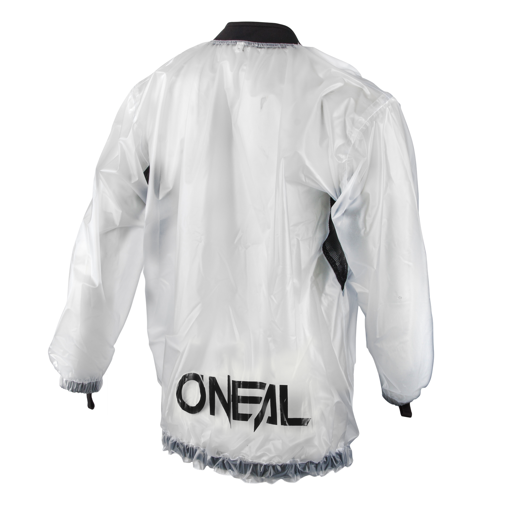 Eine transparente, langärmelige O'NEAL SPLASH Regenjacke mit schwarzem Besatz an Bündchen, Kragen und Saum. Die Jacke verfügt über ein auffälliges schwarzes „O'NEAL“-Logo auf dem unteren Rücken für stilvollen Schutz vor Regen.