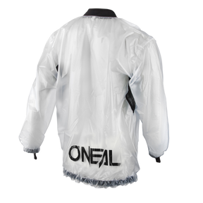 Eine transparente, langärmelige O'NEAL SPLASH Regenjacke mit schwarzem Besatz an Bündchen, Kragen und Saum. Die Jacke verfügt über ein auffälliges schwarzes „O'NEAL“-Logo auf dem unteren Rücken für stilvollen Schutz vor Regen.