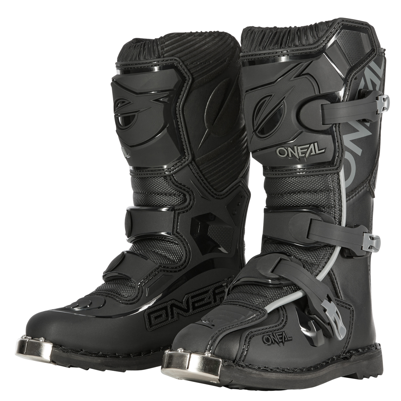 Ein Paar schwarze O'NEAL TRIBUTE Stiefel Kinder mit verstärkten Zehenkappen, verstellbaren Schnallen und einem schützenden Design mit hohem Knöchel. Diese Stiefel sind robust, elegant und auf hohe Leistung und Sicherheit ausgelegt, mit sichtbarem O'NEAL-Branding an der Seite.