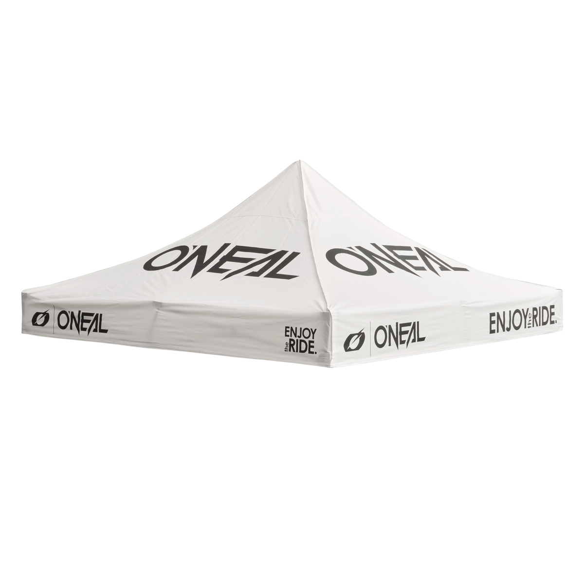 Ein weißes Überdachungszelt mit den Aufdrucken „O'NEAL“ und „ENJOY THE RIDE“ in schwarzen Buchstaben auf den Seiten. Das O'NEAL RACE TENT Cover hat eine pyramidenförmige Oberseite und ist für Veranstaltungen im Freien oder Marketingzwecke konzipiert.