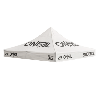 Ein weißes Überdachungszelt mit den Aufdrucken „O'NEAL“ und „ENJOY THE RIDE“ in schwarzen Buchstaben auf den Seiten. Das O'NEAL RACE TENT Cover hat eine pyramidenförmige Oberseite und ist für Veranstaltungen im Freien oder Marketingzwecke konzipiert.