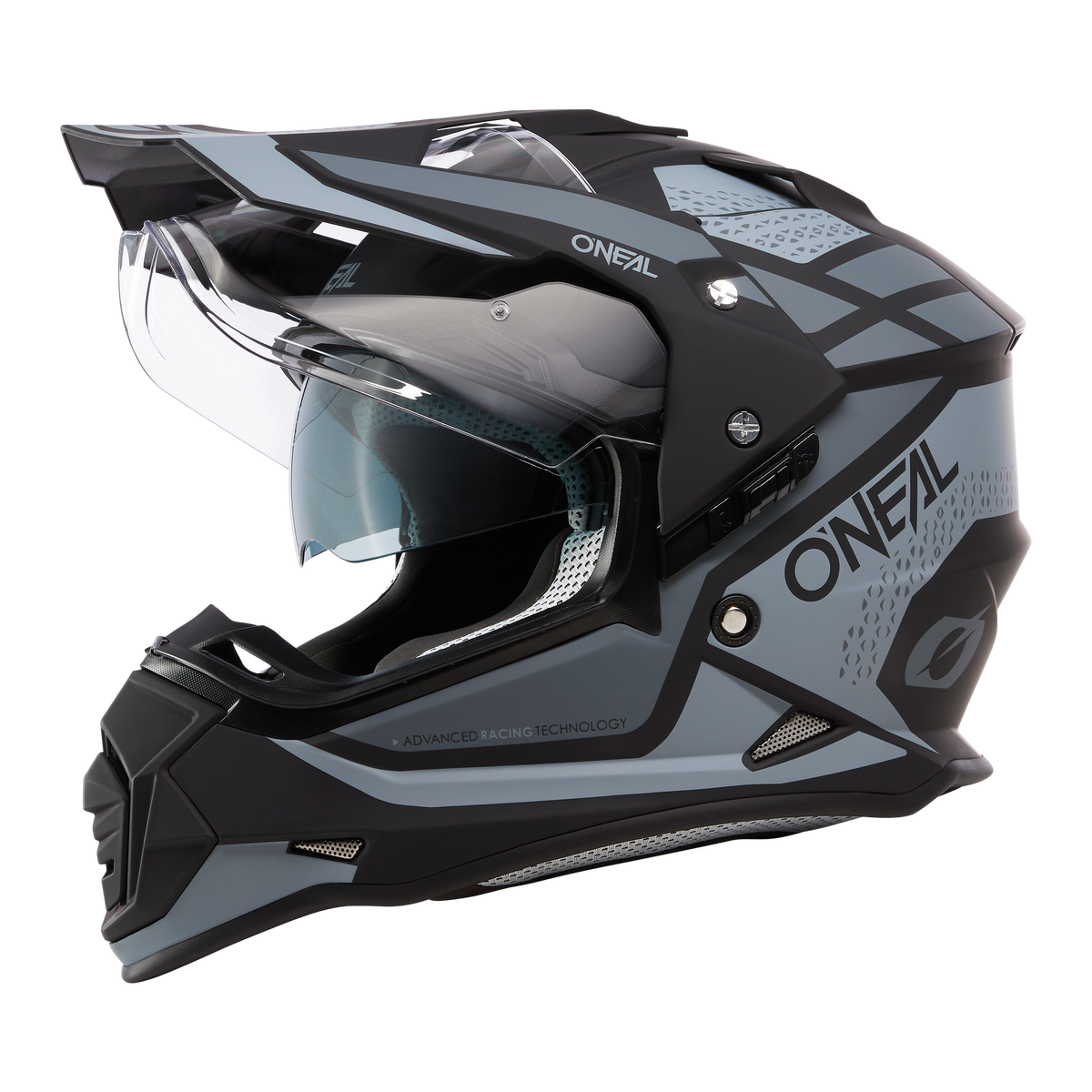 Der O'NEAL SIERRA Helm R ist ein elegantes, innovatives Stück Technik mit einem mattschwarzen und grauen geometrischen Design. Mit einem klaren Visier und fortschrittlicher Renntechnologie ist er perfekt für Motocross-Enthusiasten, die Stil und Leistung suchen.