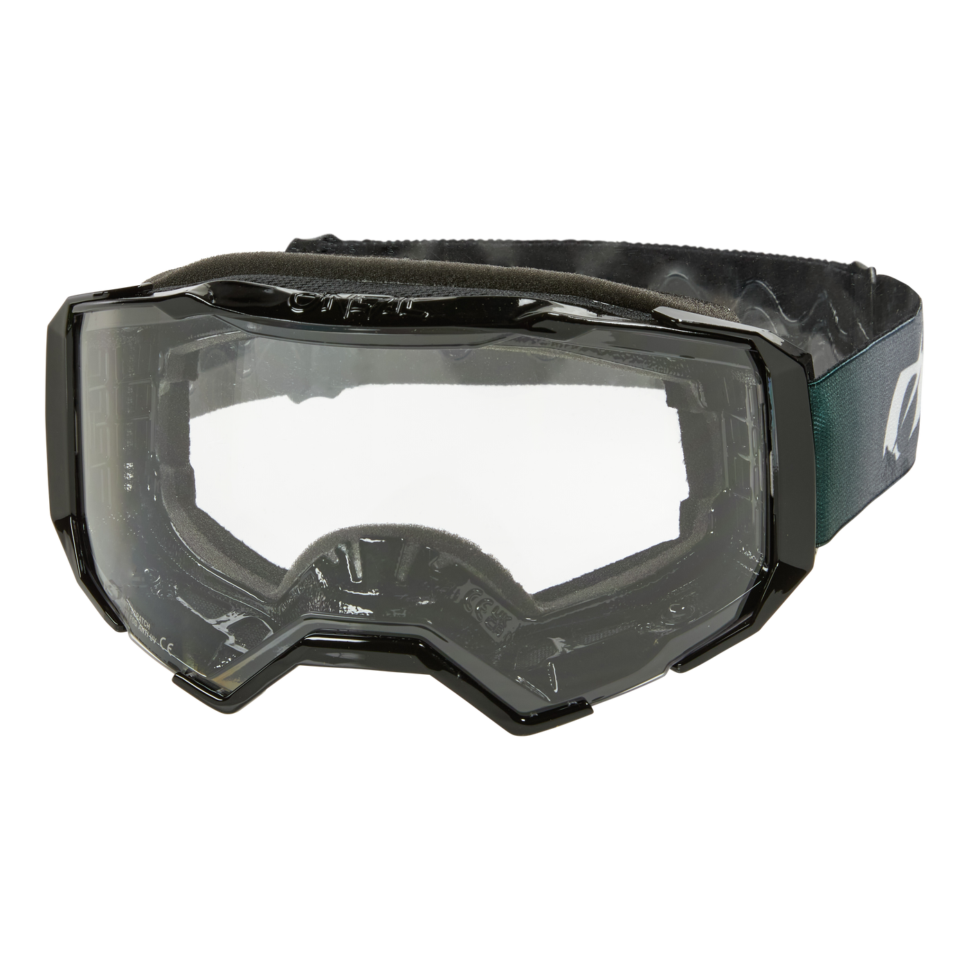 O'NEAL B-22 Goggle COVERT in Grau/Grün mit klaren Gläsern und verstellbarem dunklem Riemen, abgebildet auf weißem Hintergrund.