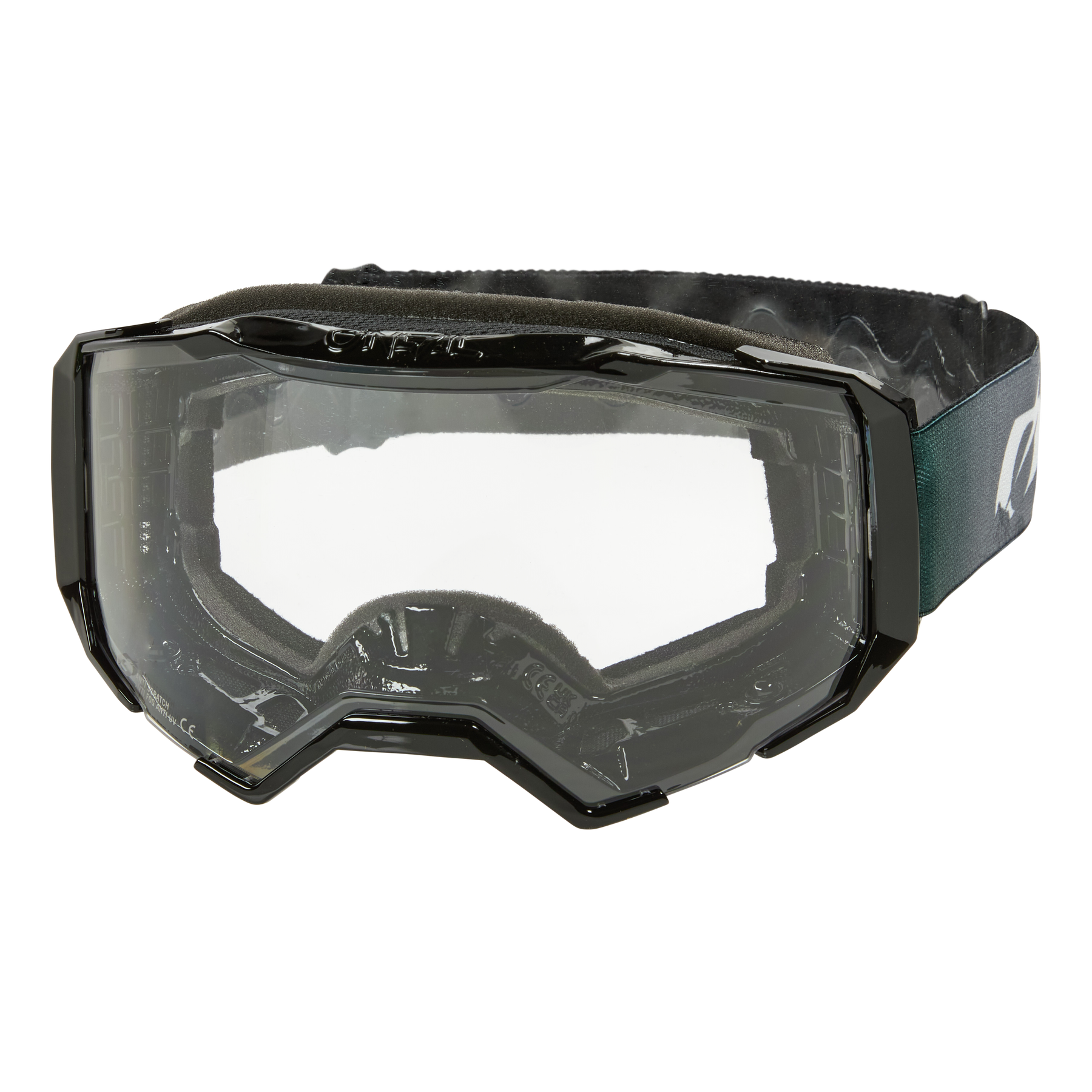 O'NEAL B-22 Goggle COVERT in Grau/Grün mit klaren Gläsern und verstellbarem dunklem Riemen, abgebildet auf weißem Hintergrund.