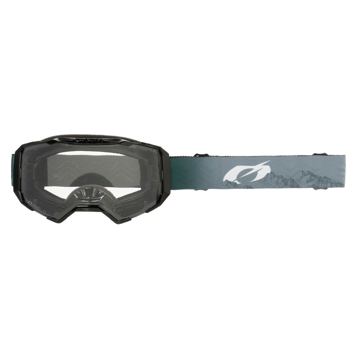 Eine Skibrille O'NEAL B-22 Goggle COVERT mit dunklem Rahmen, breitem grauem Band mit Bergdesign und abstraktem weißen Logo.