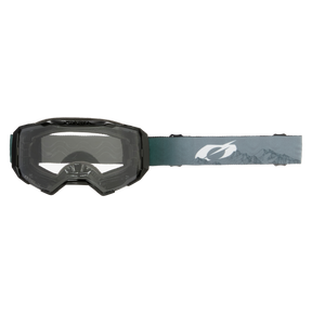 Eine Skibrille O'NEAL B-22 Goggle COVERT mit dunklem Rahmen, breitem grauem Band mit Bergdesign und abstraktem weißen Logo.