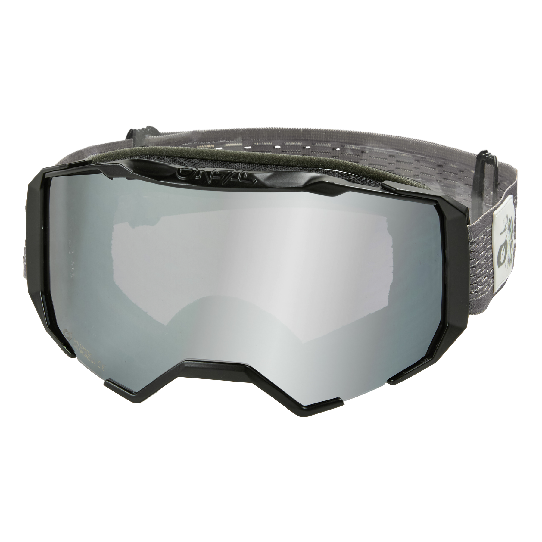 Die O'NEAL B-22 Goggle STATIC mit stylischem schwarzen Rahmen und verstellbarem grauem Riemen ist auf weißem Hintergrund abgebildet. Die für den Wintersport konzipierten Gläser sind silber verspiegelt und verfügen über einen belüfteten Rahmen für eine bessere Luftzirkulation.