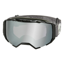 Die O'NEAL B-22 Goggle STATIC mit stylischem schwarzen Rahmen und verstellbarem grauem Riemen ist auf weißem Hintergrund abgebildet. Die für den Wintersport konzipierten Gläser sind silber verspiegelt und verfügen über einen belüfteten Rahmen für eine bessere Luftzirkulation.