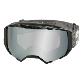 Die O'NEAL B-22 Goggle STATIC mit stylischem schwarzen Rahmen und verstellbarem grauem Riemen ist auf weißem Hintergrund abgebildet. Die für den Wintersport konzipierten Gläser sind silber verspiegelt und verfügen über einen belüfteten Rahmen für eine bessere Luftzirkulation.