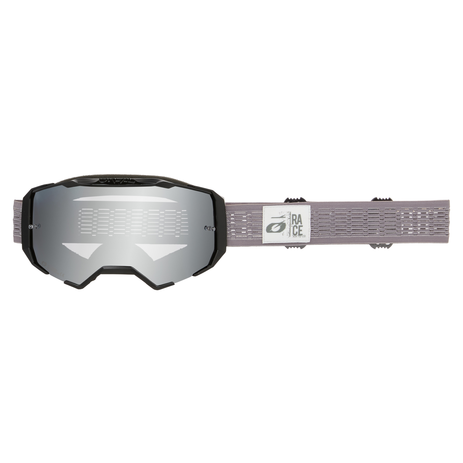 Die O'NEAL B-22 Goggle STATIC ist eine reflektierende Skibrille mit einem schlanken, eckigen Design, verspiegelten Gläsern und einem breiten grauen Band, das mit dem O'NEAL-Logo verziert ist. Der Hintergrund ist schlicht weiß.