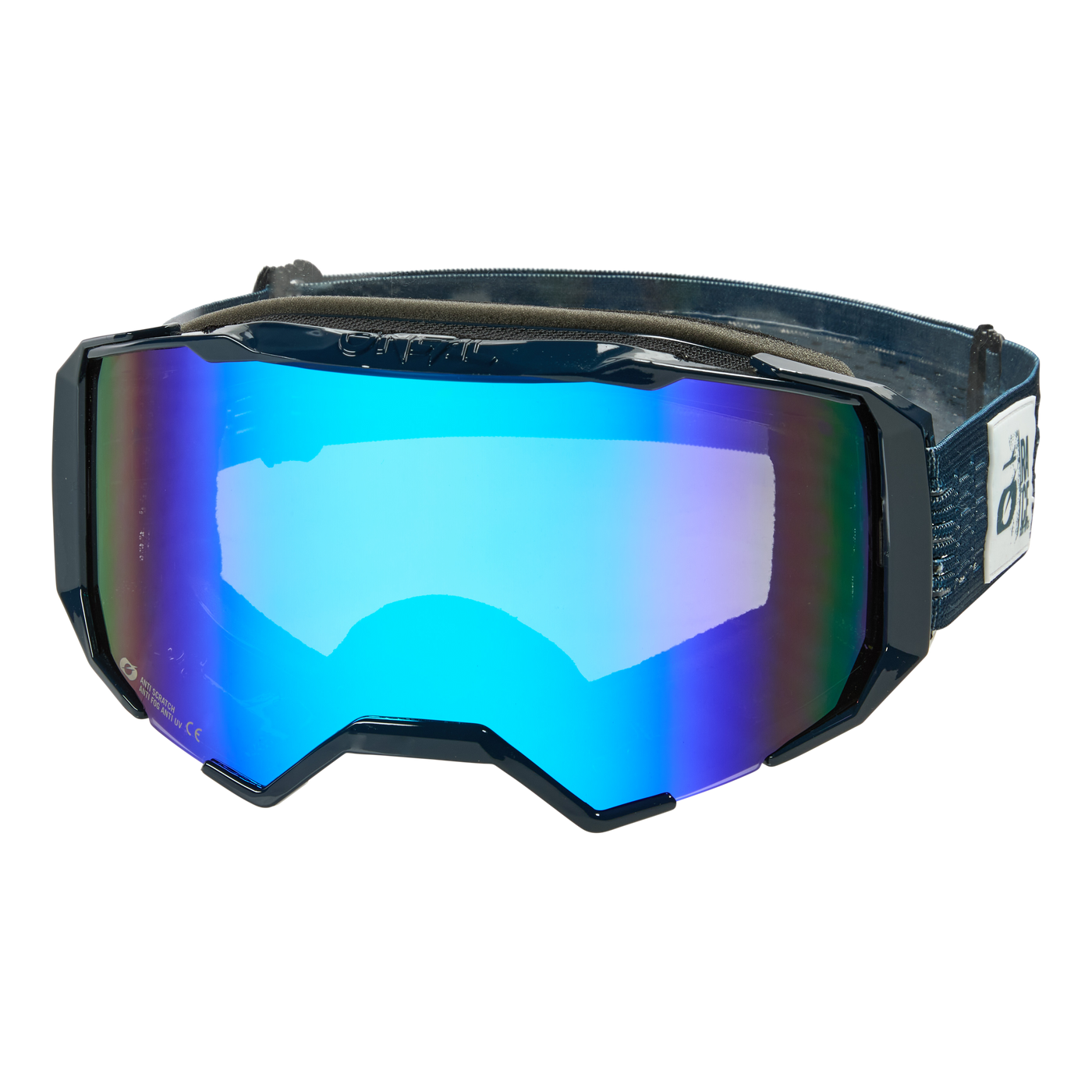 Die O'NEAL B-22 Goggle STATIC verfügt über ein modernes, eckiges Design mit einer reflektierenden Linse in Ocean Blue – Radium Blau und einem verstellbaren schwarzen Riemen, der mit dezenten Markendetails verziert ist.