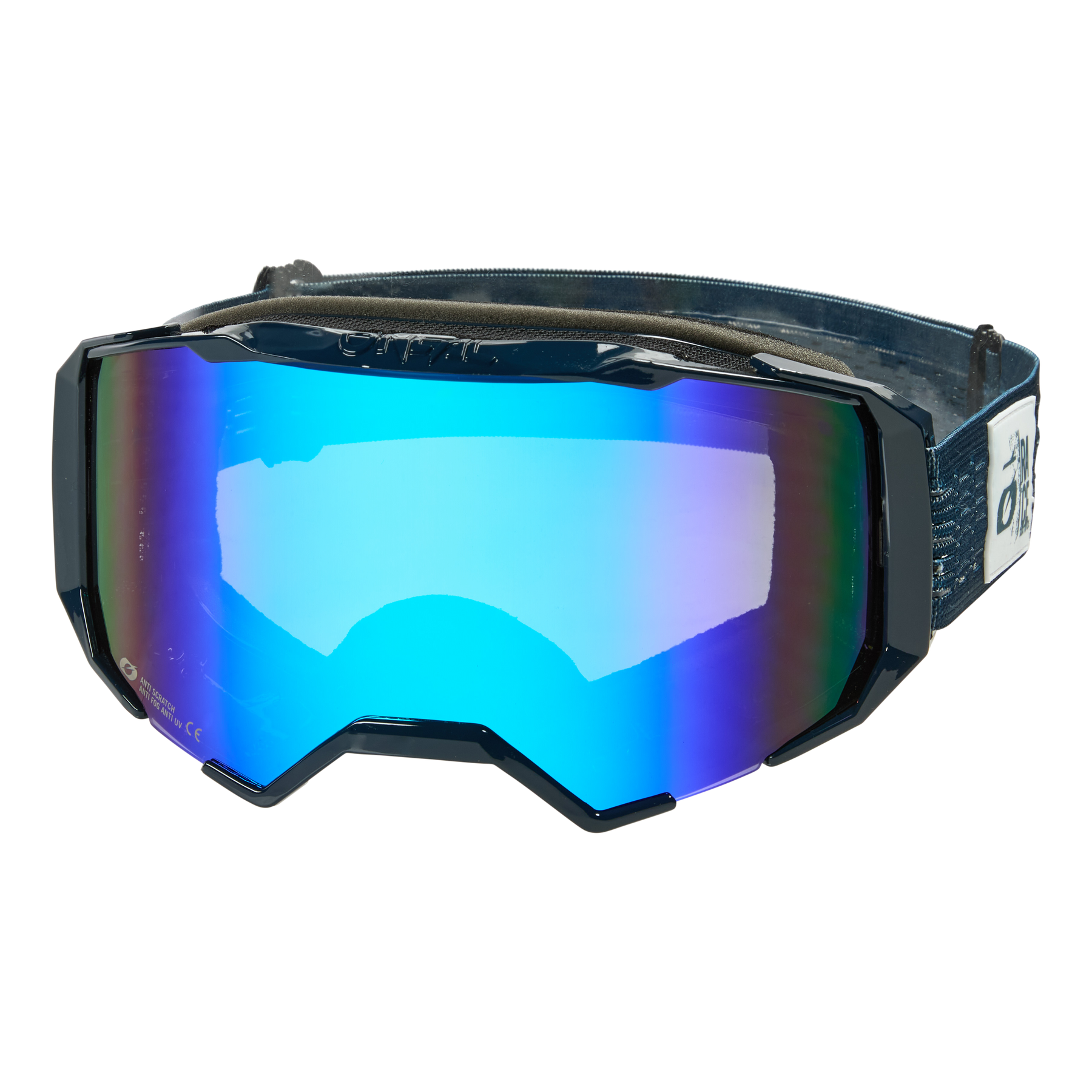 Die O'NEAL B-22 Goggle STATIC verfügt über ein modernes, eckiges Design mit einer reflektierenden Linse in Ocean Blue – Radium Blau und einem verstellbaren schwarzen Riemen, der mit dezenten Markendetails verziert ist.