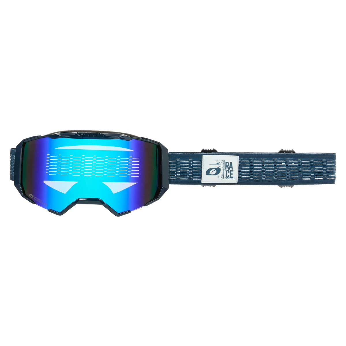 Die O'NEAL B-22 Goggle STATIC ist eine blaue Skibrille mit reflektierenden Gläsern und einem strukturierten Band. Das Band ist mit dem Markenlogo „Race“ verziert. Diese Brille zeichnet sich durch ein schlankes, eckiges Design aus und hat breite Gläser für bessere Sicht.