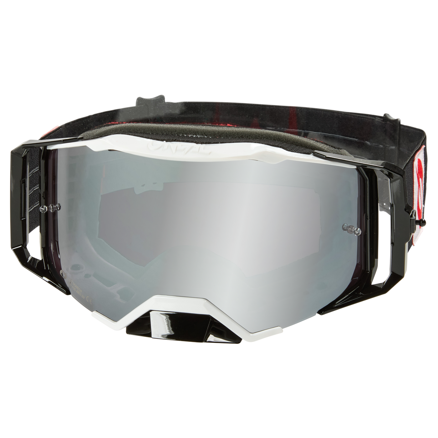 Wir präsentieren die O'NEAL B-33 Goggle BOLD von O'NEAL – eine elegante, moderne Skibrille mit einer reflektierenden, silber verspiegelten Linse. Der Rahmen präsentiert sich in einem stilvollen schwarz-weißen Design mit verstellbaren Riemen, perfekt für Schutz und Stil beim Wintersport.