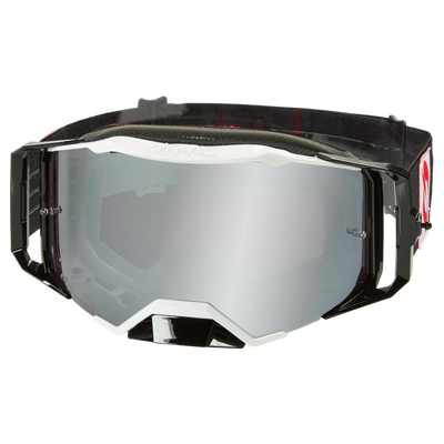 Wir präsentieren die O'NEAL B-33 Goggle BOLD von O'NEAL – eine elegante, moderne Skibrille mit einer reflektierenden, silber verspiegelten Linse. Der Rahmen präsentiert sich in einem stilvollen schwarz-weißen Design mit verstellbaren Riemen, perfekt für Schutz und Stil beim Wintersport.