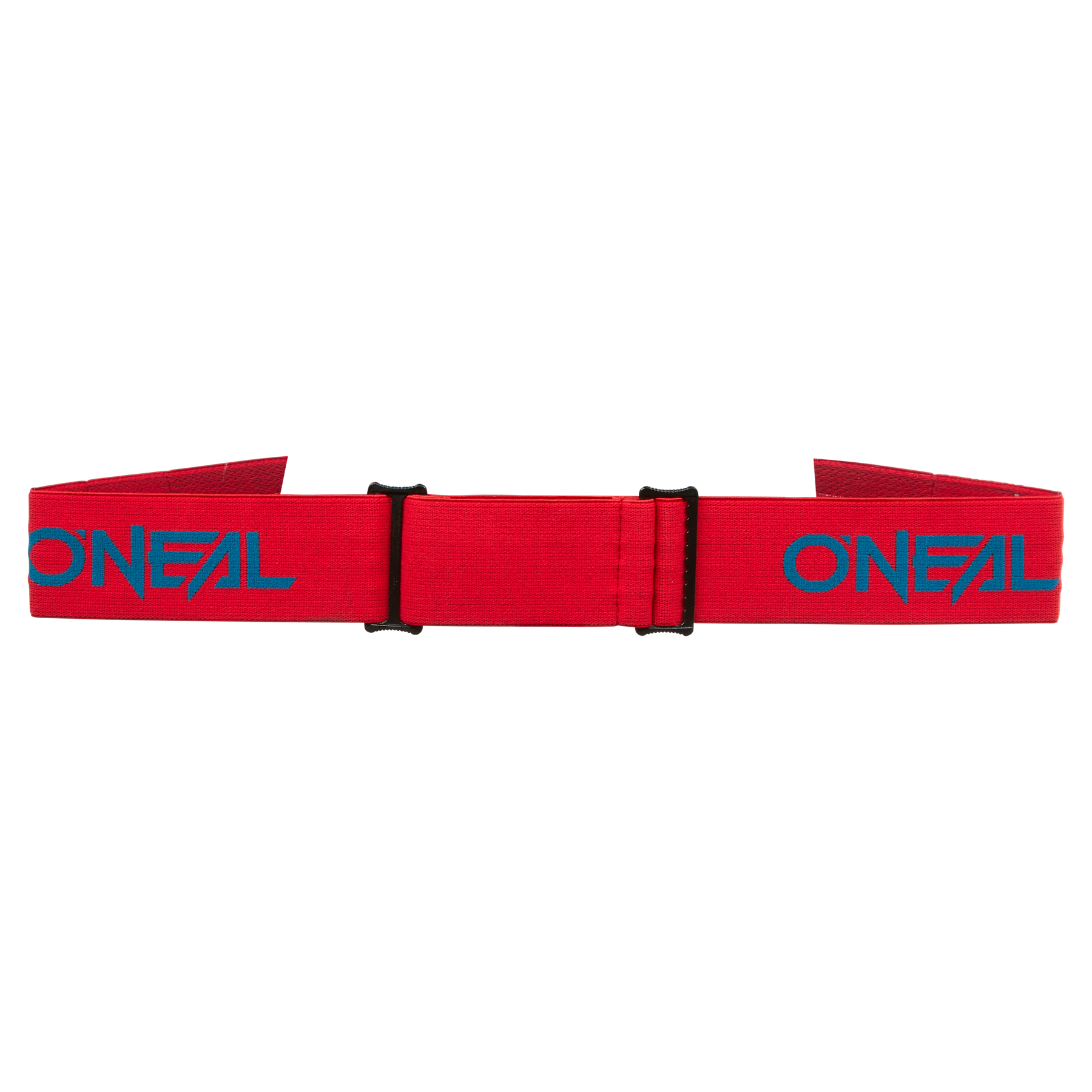 Die O'NEAL B-33 Goggle BOLD verfügt über ein rotes Band mit dem Wort „O'Neal“ in blauer Schrift darauf und ist in der Mitte mit einer verstellbaren Schnalle ausgestattet.