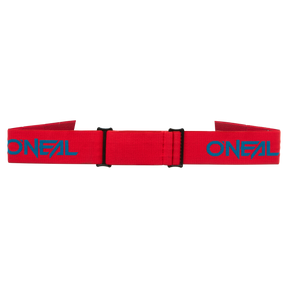 Die O'NEAL B-33 Goggle BOLD verfügt über ein rotes Band mit dem Wort „O'Neal“ in blauer Schrift darauf und ist in der Mitte mit einer verstellbaren Schnalle ausgestattet.