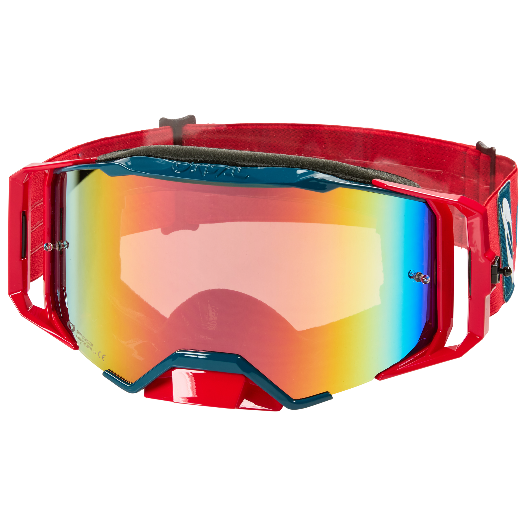 Ein Paar O'NEAL B-33 Goggle BOLD in Rot/Blau – Radium Rot mit einer reflektierenden, mehrfarbigen Linse, die Schattierungen von Gelb, Orange und Blau aufweist. Diese Schutzbrille verfügt über eine schwarze Polsterung und ein verstellbares elastisches Band.