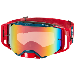 Ein Paar O'NEAL B-33 Goggle BOLD in Rot/Blau – Radium Rot mit einer reflektierenden, mehrfarbigen Linse, die Schattierungen von Gelb, Orange und Blau aufweist. Diese Schutzbrille verfügt über eine schwarze Polsterung und ein verstellbares elastisches Band.