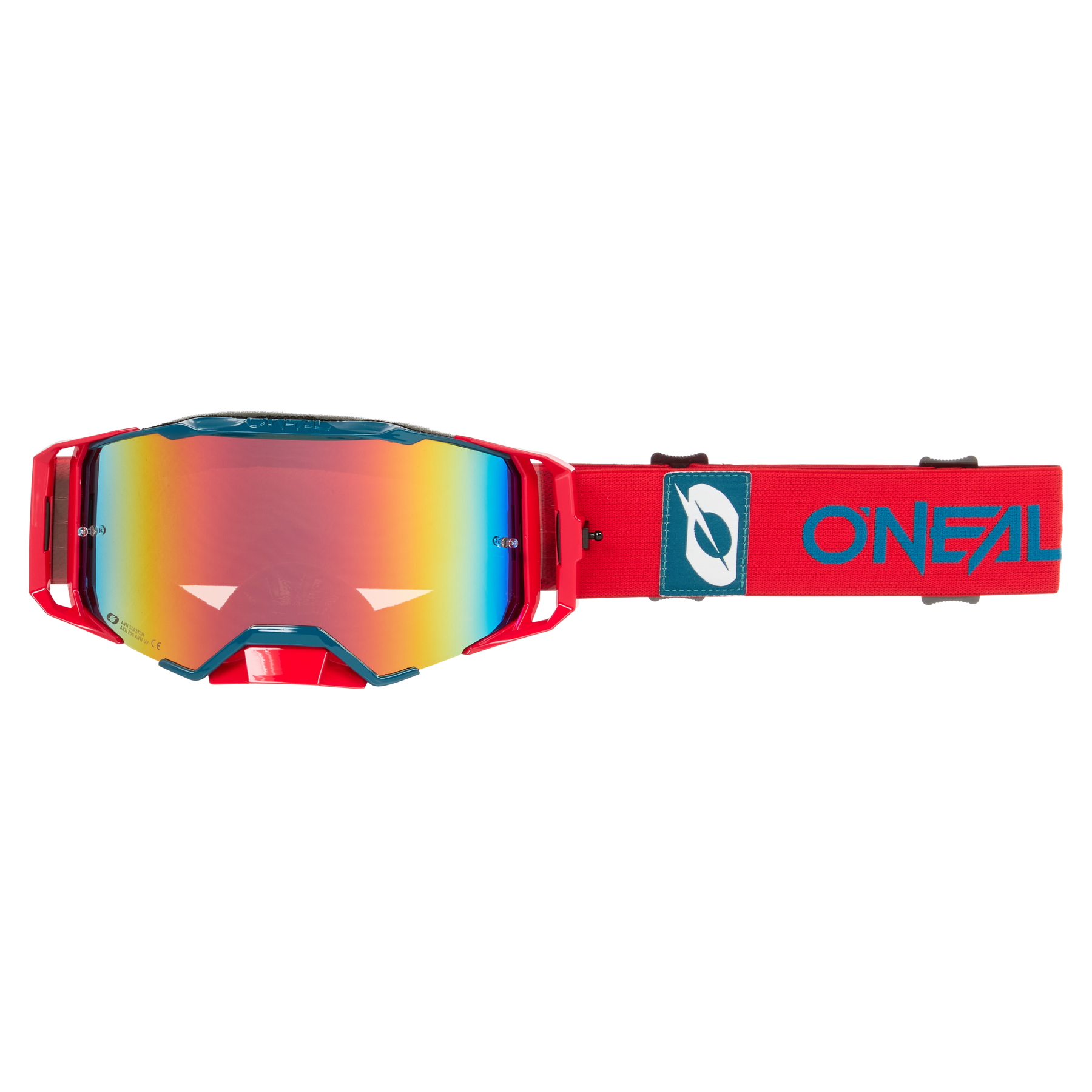 Dies ist die O'NEAL B-33 Goggle BOLD Motocross-Brille mit reflektierender mehrfarbiger Linse. Auf dem Band ist die Marke O'NEAL in blauer Schrift auf rotem Hintergrund zu sehen.