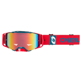 Dies ist die O'NEAL B-33 Goggle BOLD Motocross-Brille mit reflektierender mehrfarbiger Linse. Auf dem Band ist die Marke O'NEAL in blauer Schrift auf rotem Hintergrund zu sehen.