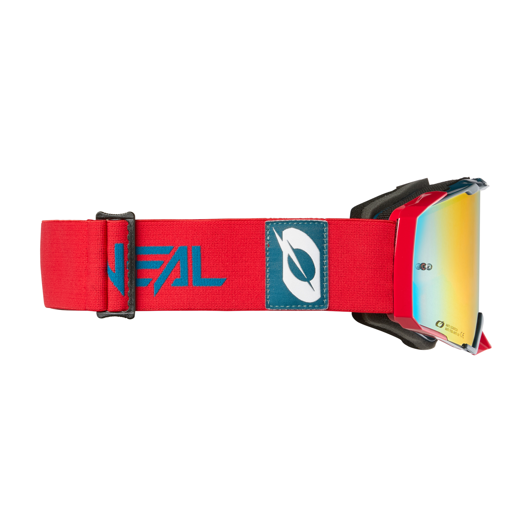 Die O'NEAL B-33 Goggle BOLD ist in den Farben Rot und Blau mit reflektierender Linse erhältlich. Sie wird mit einem verstellbaren Riemen geliefert, der ein blaues O'NEAL-Logo und einen blauen Text zeigt.