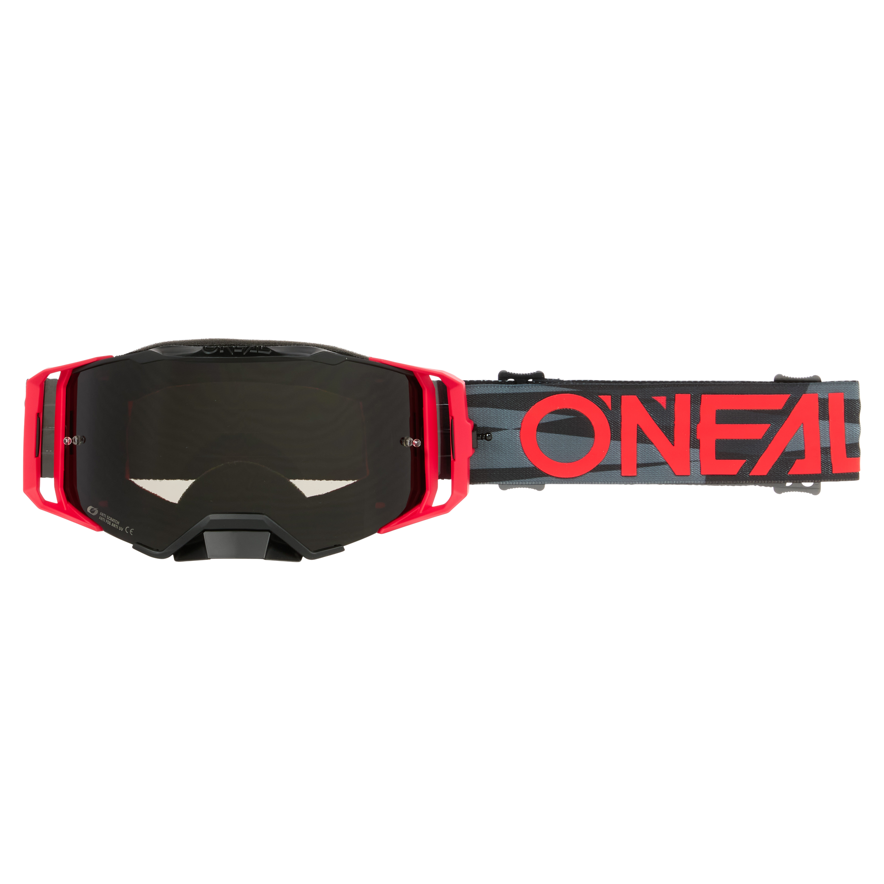 Die O'NEAL B-33 Goggle ICTUS zeichnet sich durch ein elegantes schwarz-rotes Design mit getönter Linse aus. Auf dem verstellbaren Riemen ist in kräftigen roten Buchstaben deutlich „O'NEAL“ zu sehen.