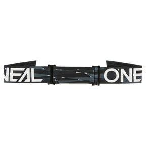 Nahaufnahme eines verstellbaren schwarzen Riemens der O'NEAL B-33 Goggle ICTUS mit fettem weißen Text, auf dem „O'NEAL“ und „ADVANCED RACING TECHNOLOGY“ steht. Der Riemen verfügt über zwei Kunststoff-Verstellclips und ist mit einem geometrischen Muster in Blau- und Grautönen verziert.